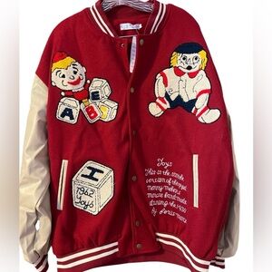 Korean Classic Fashion Varsity Jacket – Toy Nostalgia Chenille – Leather Sleeves
